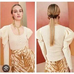 Ulla Johnson Womens Oatmeal Joanne Puff Sleeve Poplin Top Small